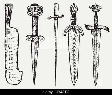 mittelalterliche Symbole großen Satz der Schwerter, Messer und Muskatblüte Vintage, gravierte handgezeichnete Skizze oder Holz schneiden Stil, alte suchen retro, isoliert realistisch Vektorgrafik, heraldische. Stock Vektor