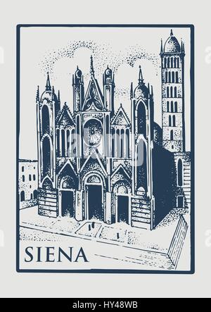 Gotical Kirche in Siena, Toskana, Italien alt aussehende Vintage handgezeichnete graviert Abbildung mit Gebäude und Wahrzeichen der Stadt Kathedrale Duomo di Siena Stock Vektor