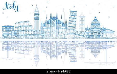 Übersicht Italien Skyline mit blauen Wahrzeichen und Reflexionen. Vektor-Illustration. Geschäftsreisen und Tourismus-Konzept mit historischer Architektur. Stock Vektor