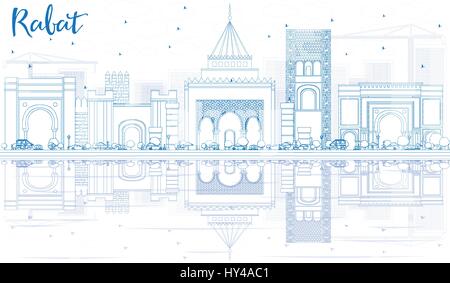 Umrisse rabat Skyline mit blauen Gebäude und Reflexionen. Vector Illustration. Business Travel und Tourismus Konzept mit historischer Architektur. Stock Vektor