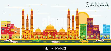 Sanaa (Jemen) Skyline mit Farbe Gebäude und blauer Himmel. Vector Illustration. Business Travel und Tourismus Konzept mit moderner Architektur. Stock Vektor