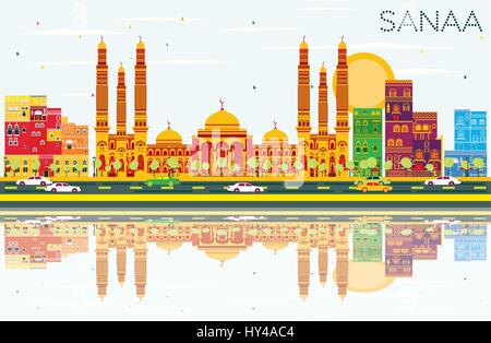 Sanaa (Jemen) Skyline mit Farbe Gebäuden, blauer Himmel und Reflexionen. Vektor-Illustration. Geschäftsreisen und Tourismus-Konzept Stock Vektor