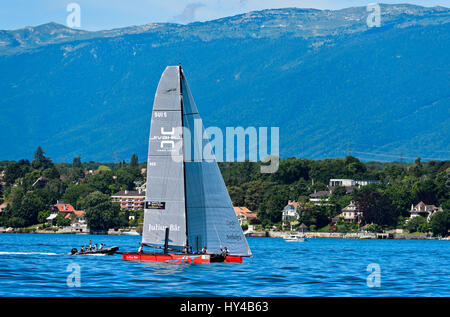 Segelboot SUI 5 Team Til Segeln am Genfersee, Bol d ' or Mirabaud Regatta, Genf, Schweiz Stockfoto