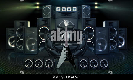 Ledersofa, umgeben von Lautsprecher und e-Gitarre Stockfoto