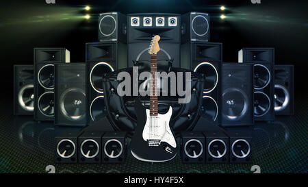 Ledersofa, umgeben von Lautsprecher und e-Gitarre Stockfoto