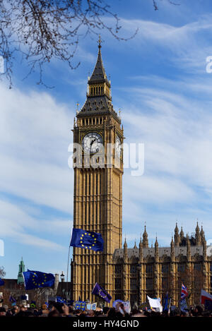 Eine Flagge Europas winkte vor den Häusern des Parlaments während der Kundgebung „Unite for Europe“, die zum Parlament in London marschierte Stockfoto