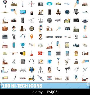 100 Hi-Tech Icons Set, Cartoon-Stil Stock Vektor