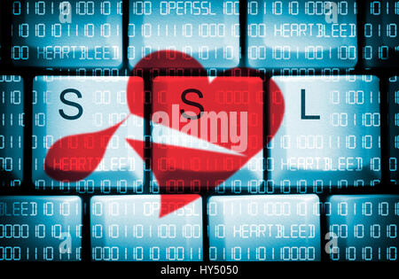 Computer-Tasten mit SSL-Hub und Binärcode, Sicherheitslücke Heartbleed in OpenSSL, Computertasten Mit SSL-Schriftzug Und Binaercode, Sicherheitsluecke Stockfoto