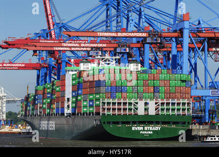 Containerschiff im Container terminal Kai Burchard in den Waltershofer Hafen, Walters Hof, Hamburg, Deutschland, Europa, Containerschiff bin Conta Stockfoto