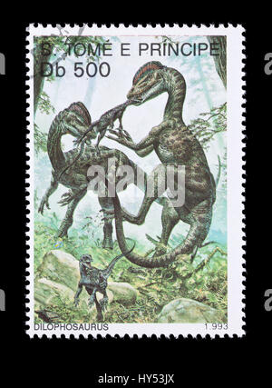 Briefmarke von Saint Thomas und Prinzeninseln Darstellung eines dilophosaurus Stockfoto