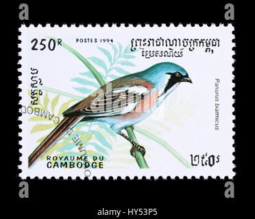 Briefmarke aus Kambodscha, die Darstellung eines bärtigen Reedling (Panurus Biarmicus) Stockfoto