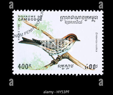 Briefmarke aus Kambodscha Darstellung eine Waldammer (Emberiza Rustica) Stockfoto