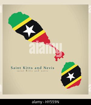 Moderne Karte - St. Kitts und Nevis-Flagge farbig KN Stock Vektor