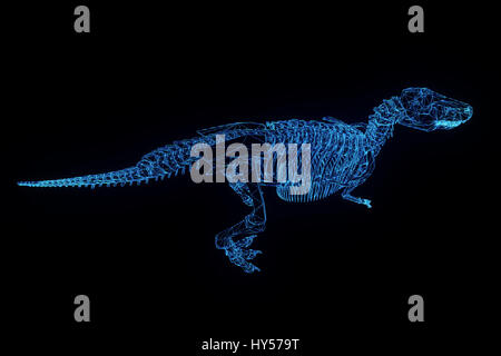 TRex Dinosaurierskelett im Hologramm Wireframe-Stil. Schönes 3D Rendering Stockfoto