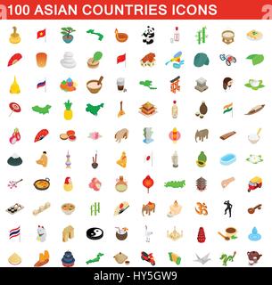 100 Ländern Asiens Icons Set, isometrischen 3d Stil Stock Vektor