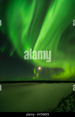 Polarlicht über der Copper River und die fernen Gipfel des Wrangell Mountains, linke Mount Sanford Fass und richtige Mount Wrangell Stockfoto
