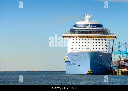 Port Adelaide, South Australia, 14. Februar 2017: MS Ovation der Meere Kreuzfahrt Schiff und Hafensicherheit Boot im Außenhafen. Stockfoto