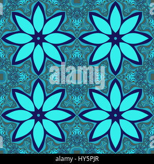 Digital erstellten Fraktalbild in aneinander nahtlose Muster. Fliesen in Blautönen mit komplizierten Details und Blume oder Stern Form Stockfoto