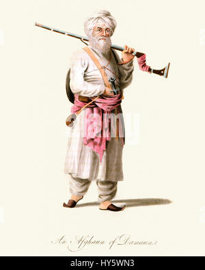 Vintage Farbe Gravur von 1819 zeigt einen afghanischen Krieger aus der Gegend um Daman, Provinz Kandahar, Afghanistan. Stockfoto