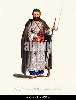 Vintage Farbe Gravur von 1819 zeigt einen afghanischen Dooraunee Dorfbewohner mit seinen Waffen Stockfoto