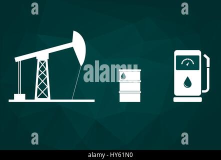 Fossile Energie Konzept auf der Low Poly Hintergrund. Bohrinsel, Ölpreis pro Barrel, Tankstelle, Symbole. Öl und Petroleum Symbole. Erdölindustrie, fossile Brennstoffe. Stock Vektor