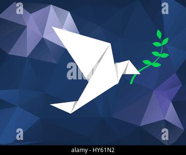 Weiß origami Vogel (Dove) Durchführung von Olive Branch auf dem blauen Low Poly Hintergrund. Frieden Konzept. Internationalen Tag des Friedens. Frieden in der Welt. Vektor Stock Vektor