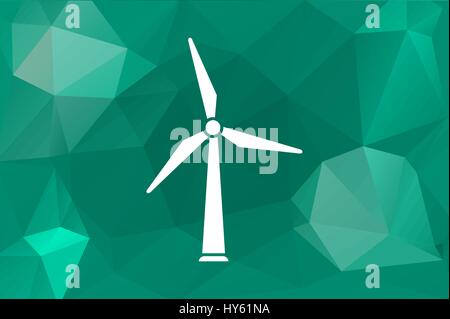 Windkraftanlage auf dem Grün Low Poly Hintergrund. Windrad dreht Energiekonzept. Einfache elegante weiße Mühle Symbol. Grüne Energie. Die Windkraft. Vektor Stock Vektor