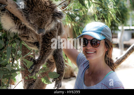 Eine junge Dame posiert mit einem faulen Koala an einem heißen Tag in Western Australia. Der Koala Fell ist weich und unscharf und das Mädchen lächelt breit. Stockfoto