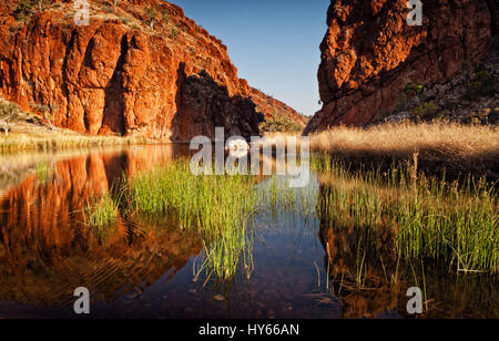 Reflexionen von Felsformationen bei Glen Helen Gorge Wasserloch im Northern Territory Central Australien Stockfoto