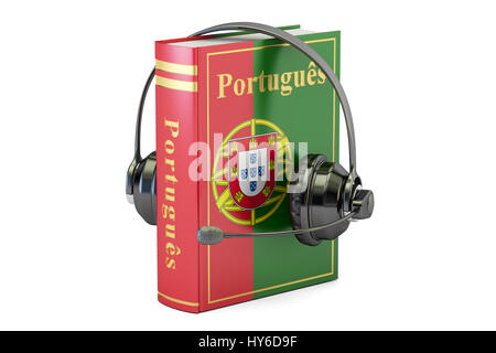 Portugiesische Sprache Lehrbuch mit Kopfhörer, lernen und übersetzen Konzept. 3D-Rendering Stockfoto