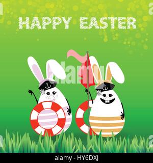 Ostern. Kaninchen-Eiern in den Rasen auf einem Hintergrund von Grün in den Händen der Flagge und Rettungsringe Matrosen. Illustration für Ihr design Stock Vektor