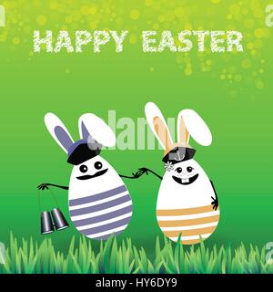 Ostern. Kaninchen-Eiern in den Rasen auf einem Hintergrund von Grün in den Händen der Fernglas-Segler. Illustration für Ihr design Stock Vektor