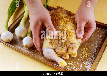 Rohe ganzes Huhn mit bunten Paprika, Kartoffeln. Auberginen, lässt grüne Bohnen Rosmarin in die Auflaufform, Vorbereitung für Braten im Ofen Stockfoto