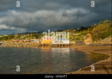 Otago Peninsula und Otago Harbour während des Sonnenuntergangs östlich von Dunedin, Neuseeland Stockfoto