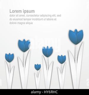 Papier Kunst Tulpen Vektor Illustration blaues Papier Tulpen auf weißem Hintergrund mit Platz für Text Papier-Art-Stil Stock Vektor