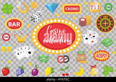 Casino-Sammlung. Glücksspiel Satz isoliert auf einem weißen Hintergrund. Poker, Kartenspiele, einarmigen Banditen, Roulette Set Design-Elemente. flachen Stil. Vektor-Illustration, ClipArt-Grafiken. Stock Vektor