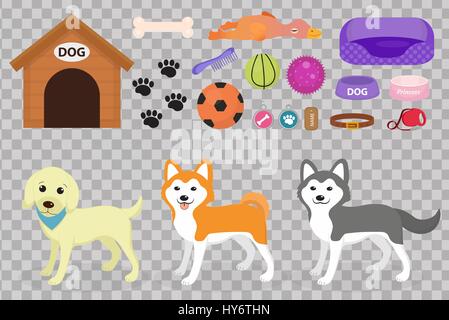 Hunde Sachen Symbol set mit Zubehör für Haustiere, flachen Stil, isoliert auf weißem Hintergrund. Haustiere-Kollektion mit einem Husky, Akita Inu, Lablador. Welpen Spielzeug. Vektor-Illustration, ClipArt-Grafiken. Stock Vektor