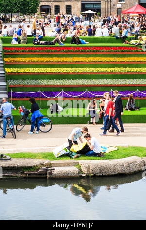 Sonnenanbeter auf die Schritte der Getreidespeicher Square von Regent's Canal in King's Cross, London, UK, geschmückt mit künstlichem Gras und Blumen, 2014 Stockfoto