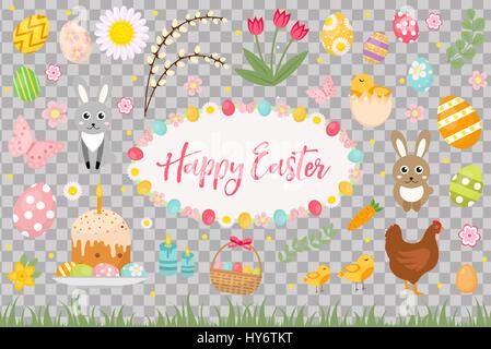 Glückliches Ostern Auflistungsobjekt Gestaltungselement.  Federsatz mit Kuchen, Korb, Eiern, Hasen, Blumen, Küken und mehr. Vektor-Illustration, ClipArt-Grafiken. Stock Vektor