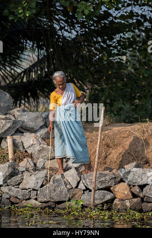 Indien, Bundesstaat Kerala aka Ernakulam, Allepey, der Backwaters. Alte Frau Angeln entlang des Kanals und Wasserstraßen der Backwaters. Stockfoto