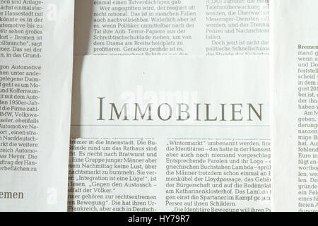 Zeitung, Text-Eigenschaft (Immobilien in deutscher Sprache) Stockfoto