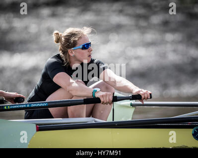 London, UK. 1. April 2017. Cambridge University Women Boat Club auf eine endgültige Praxis Ausflug vor der Cancer Research UK Regatten am 2. April 2017 stattfinden.  Crew-Liste:-CUWBC blaues Boot: (NB tragen viele der Besatzung zum verwechseln überwiegend dunkelblau aber Cox ist in hellem Blau und es ist das Cambridge Blau Boot, das abgebildet ist!) Bogen: Bogen: Ashton Brown, 2: Imogen Grant, 3: Claire Lambe, 4: Anna Dawson, 5: Holly Hill, 6: Alice weiß, 7: Myriam Goudet, Schlaganfall: Melissa Wilson, Cox: Matthew Holland. Trainer: Rob Baker. Bildnachweis: Duncan Grove/Alamy Live-Nachrichten Stockfoto