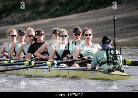 London, UK. 1. April 2017. Cambridge University Women Boat Club auf eine endgültige Praxis Ausflug vor der Cancer Research UK Regatten am 2. April 2017 stattfinden.  Crew-Liste:-CUWBC blaues Boot: (NB tragen viele der Besatzung zum verwechseln überwiegend dunkelblau aber Cox ist in hellem Blau und es ist das Cambridge Blau Boot, das abgebildet ist!) Bogen: Bogen: Ashton Brown, 2: Imogen Grant, 3: Claire Lambe, 4: Anna Dawson, 5: Holly Hill, 6: Alice weiß, 7: Myriam Goudet, Schlaganfall: Melissa Wilson, Cox: Matthew Holland. Trainer: Rob Baker. Bildnachweis: Duncan Grove/Alamy Live-Nachrichten Stockfoto