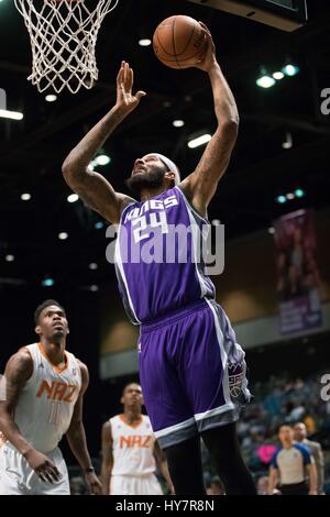 Reno, Nevada, USA. 1. April 2017. Reno Bighorn Center JALEEL COUSINS (24) schießt einen Lay während der NBA D-League Basketball-Spiel zwischen Reno Dickhornschafe und die Northern Arizona Sonnen im Reno Events Center in Reno, Nevada. Bildnachweis: Jeff Mulvihill/ZUMA Draht/Alamy Live-Nachrichten Stockfoto