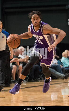 Reno, Nevada, USA. 1. April 2017. Reno Bighorn Guard Jesaja COUSINS (10) während der NBA D-League Basketball-Spiel zwischen den Reno Dickhornschafe und die Northern Arizona Sonnen im Reno Events Center in Reno, Nevada. Bildnachweis: Jeff Mulvihill/ZUMA Draht/Alamy Live-Nachrichten Stockfoto