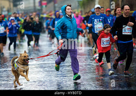 (170402) - Rom, 2. April 2017 (Xinhua)--A Frau läuft mit einem Hund bei starkem Regen während der 23. Marathon von Rom in Italien, am 2. April 2017. (Xinhua/Jin Yu) Stockfoto