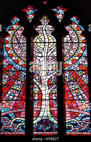 Carmarthen, Wales, UK, 22. Oktober 2016: Glasmalerei-Fenster in der St. Peter Kirche zeigt ein Bild der Frucht der Gerechtigkeit ist ein Baum des Lebens Stockfoto