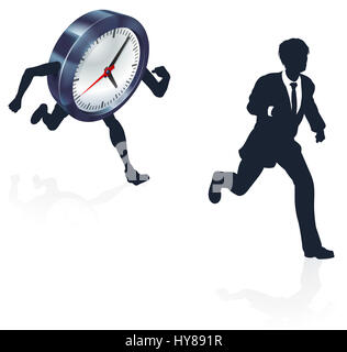 Ein Geschäft Mann von einer Uhr laufen oder Rennen Konzept für Zeitdruck oder Life-Balance, Stress oder racing eine Frist zu arbeiten Stockfoto