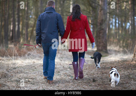 Ein junges Paar Fuß ihre zwei Hunde im Wald Stockfoto