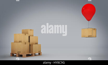 Luftballons und Karton. 3D-Rendering Stockfoto